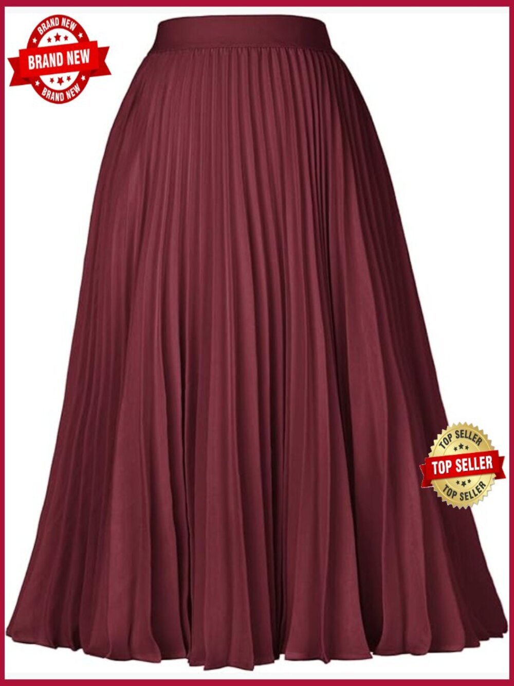 Pleated Midi A-Line Skirt with Elastic High Waist, Flowy Chiffon